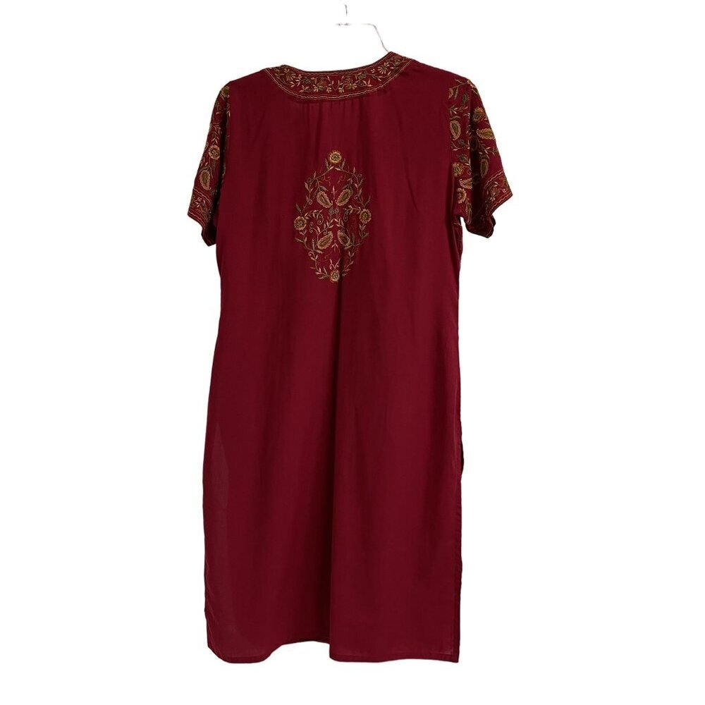 Indian Red Floral Embroidered Short Sleeve Kurta Dress and Pants 2 Piece Set - Picture 4 of 16